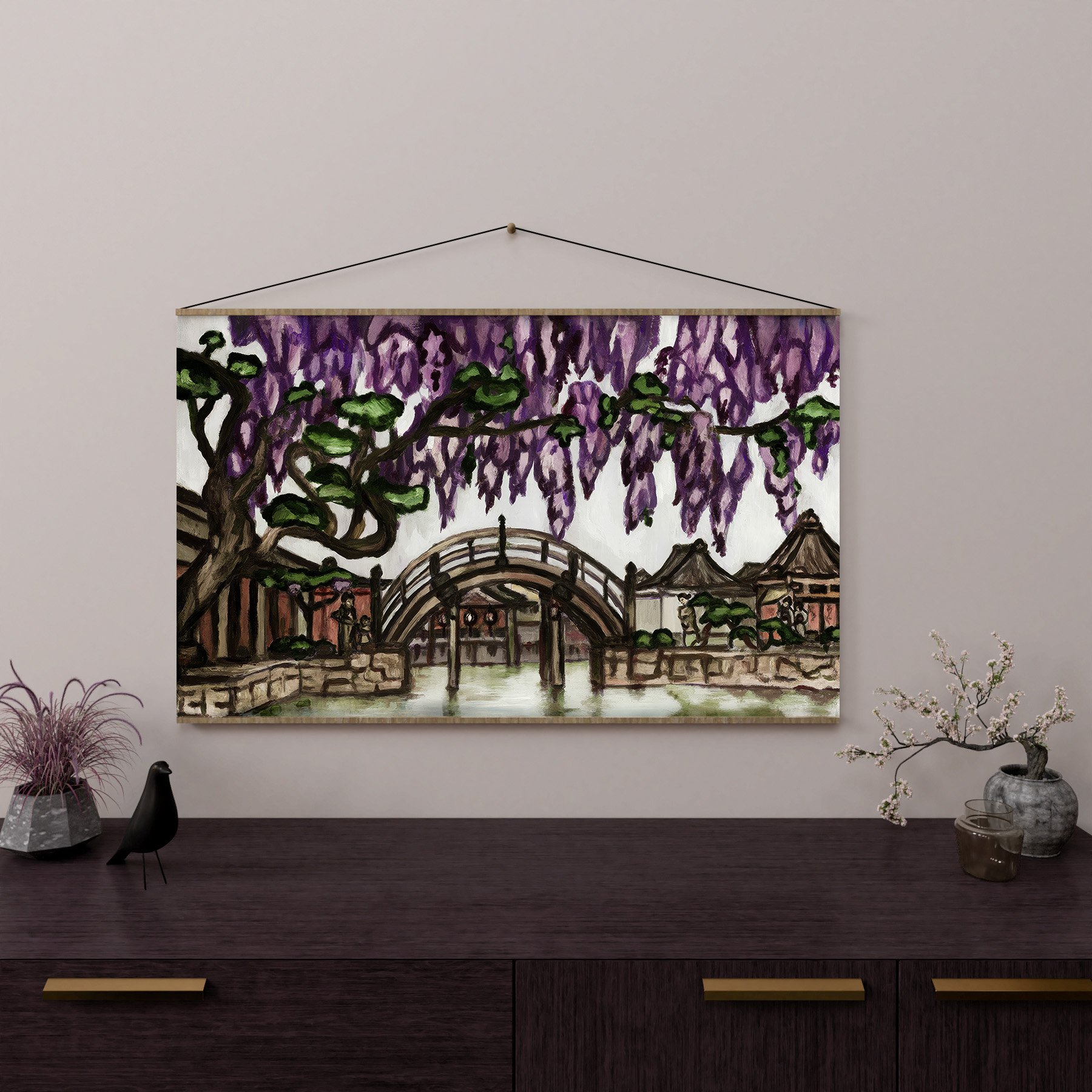 Ręcznie malowany obraz botaniczny — Most z wisterii | Wallfam