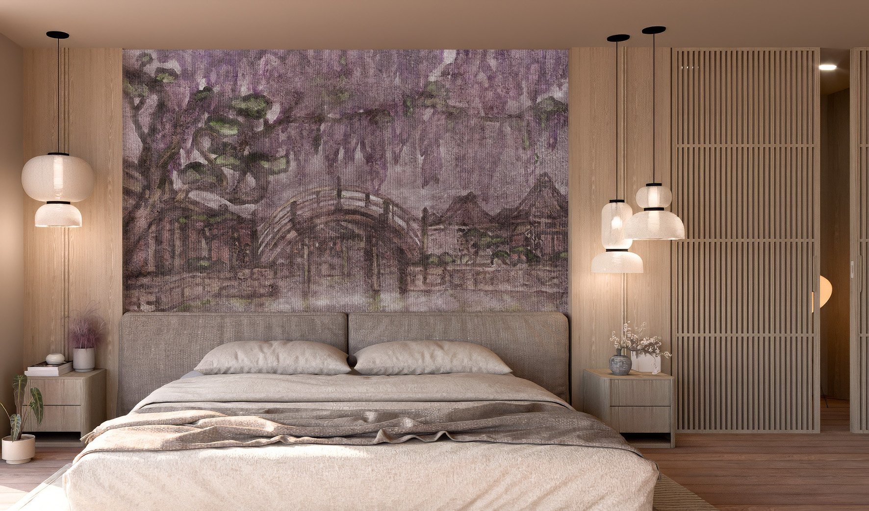 Tapeta artystyczna Lascaux — Most z wisterii, wizualizacja wnętrza | Wallfam